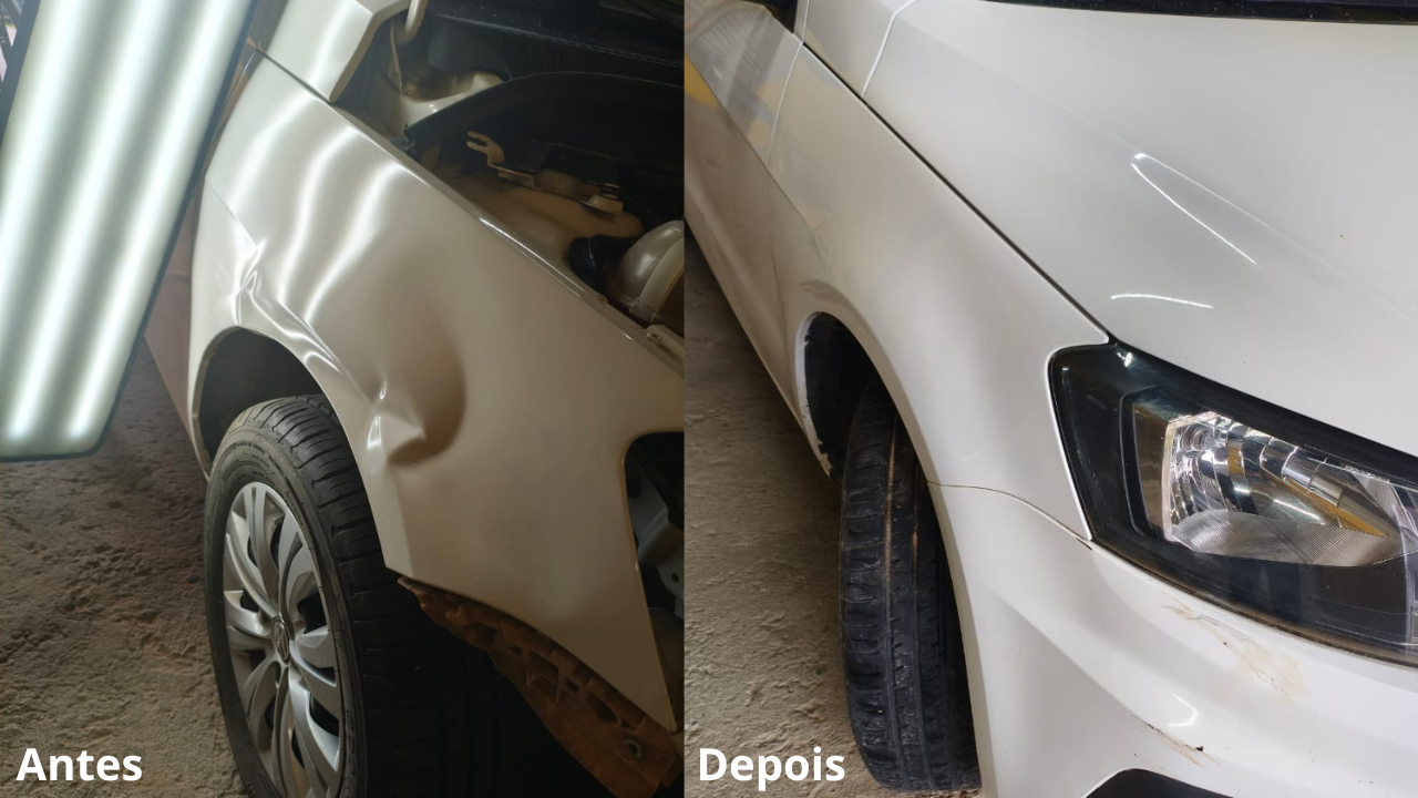 Antes e depois de um veículo com amassados, mostrando reparo perfeito
